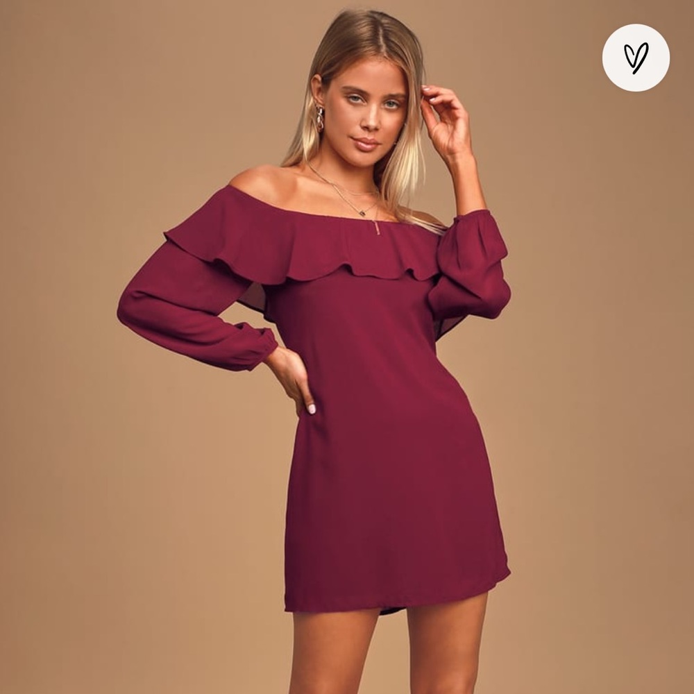 Lulu’s NWT Wish For You Burgundy Ruffled Off-the-Shoulder Shift Dress  SIZE XS